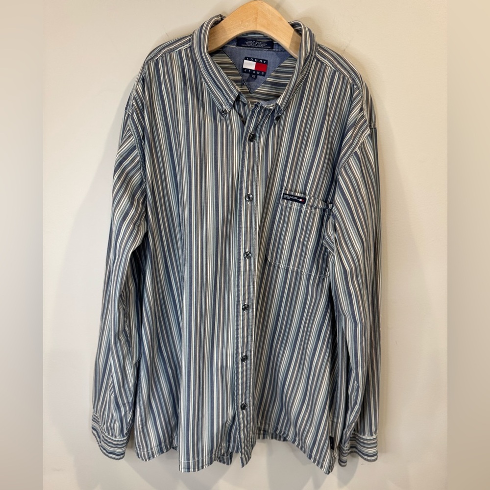 Men’s Tommy‎ Hilfiger Button Up XXL Cotton Blue Green Stripes